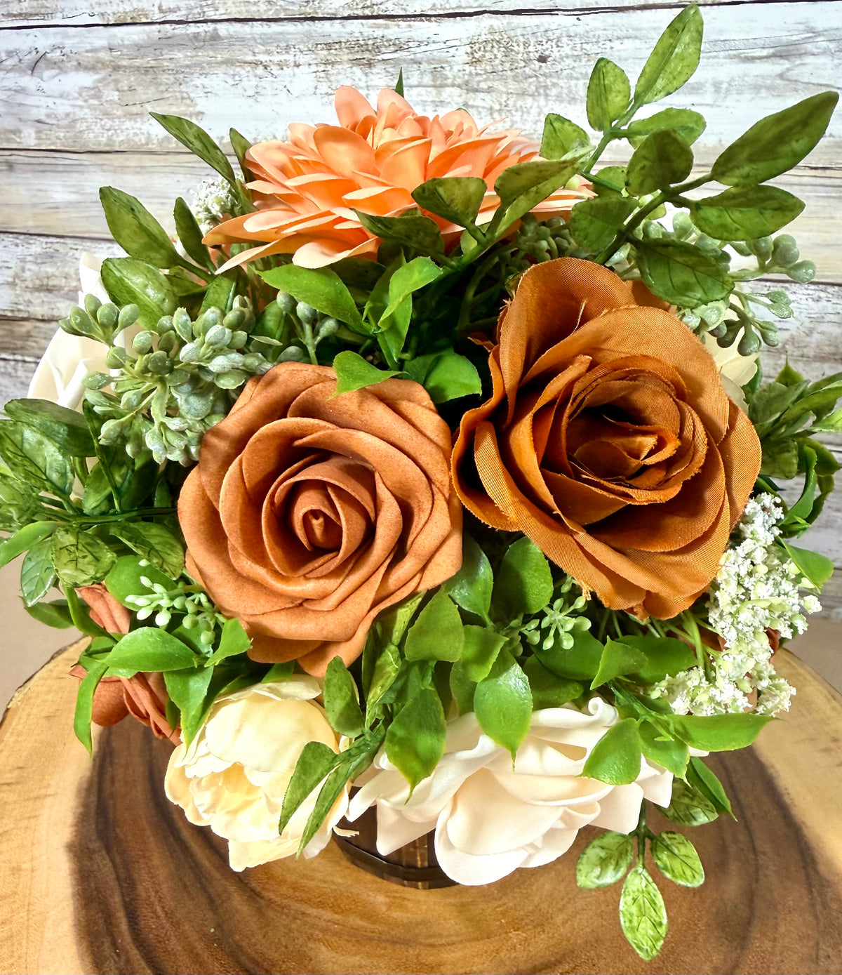 Handmade Floral Arrangement – Cream & Tan Faux Roses, Rustic Wooden Barrel