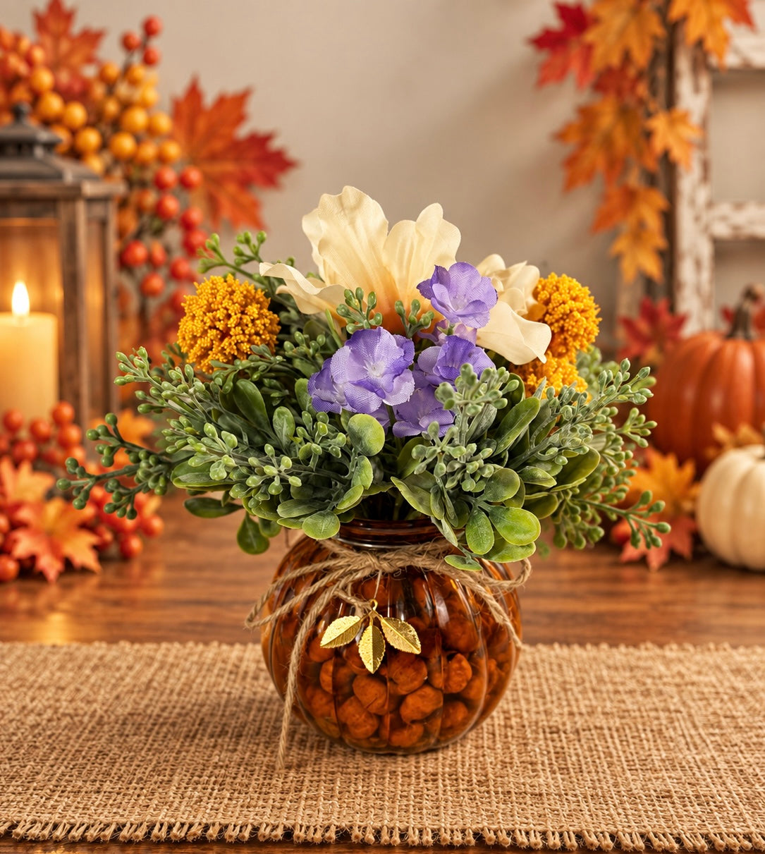 Small Fall Pumpkin Floral Arrangement – Autumn Flowers & Greenery