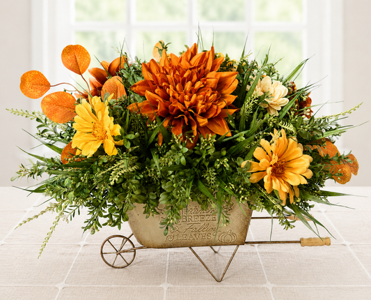 Fall Chrysanthemum Arrangement | Orange & Yellow Wheelbarrow