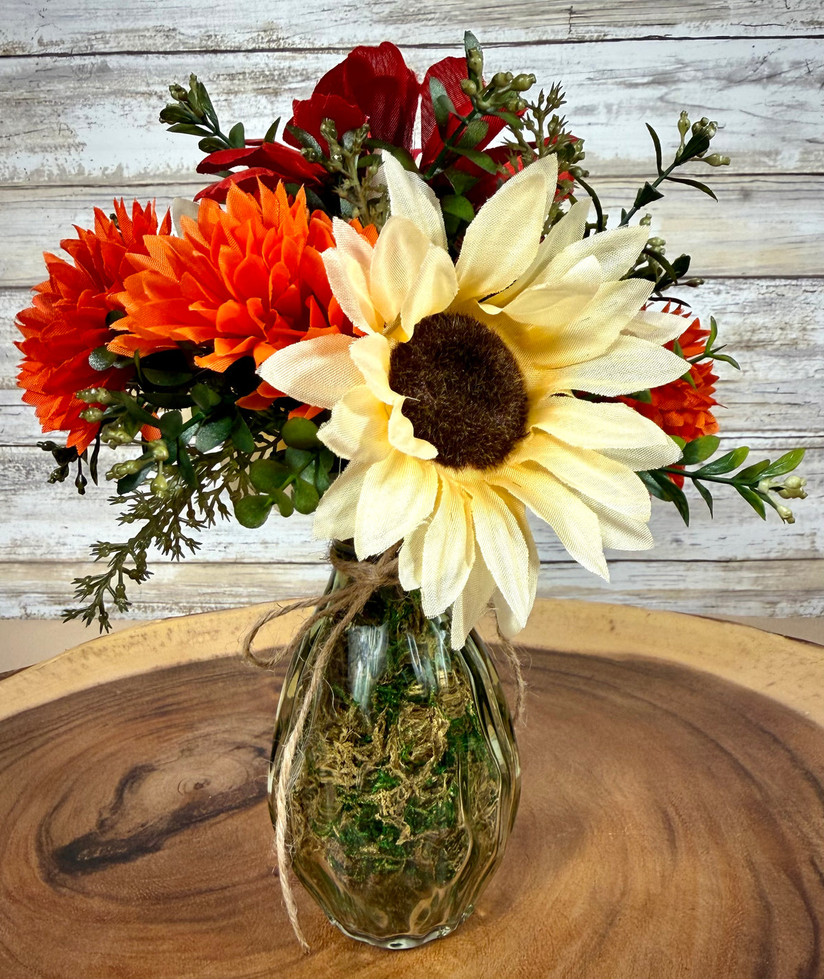 Small Fall Floral Arrangement | Red Gerber Daisy & White Sunflowers