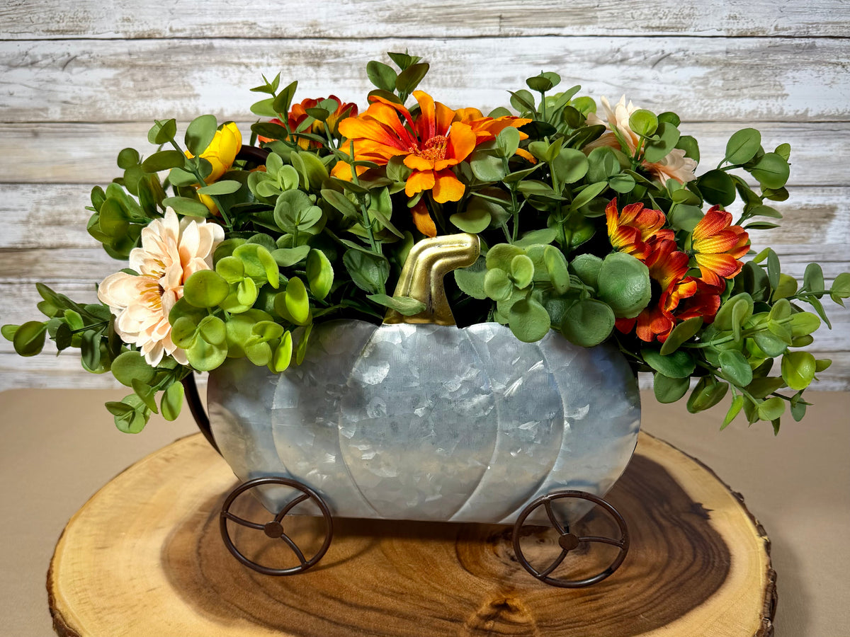 Silver Galvanized Pumpkin Wagon Fall Floral Arrangement