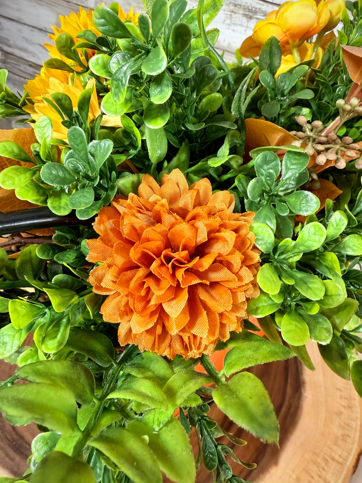 Pumpkin Carriage Fall Floral Arrangement – Orange Artificial Flowers & Greenery