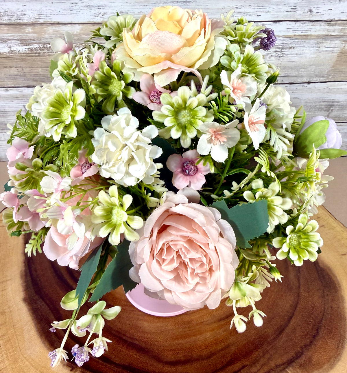 Handmade Floral Arrangement – Blush Pink & Lavender Flowers, Pink Metal Bucket