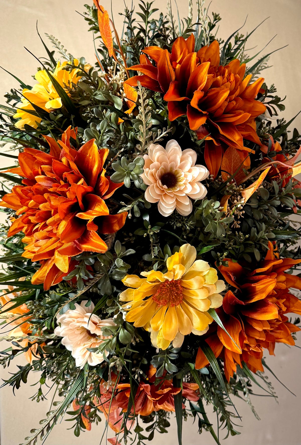 Fall Chrysanthemum Arrangement | Orange & Yellow Wheelbarrow