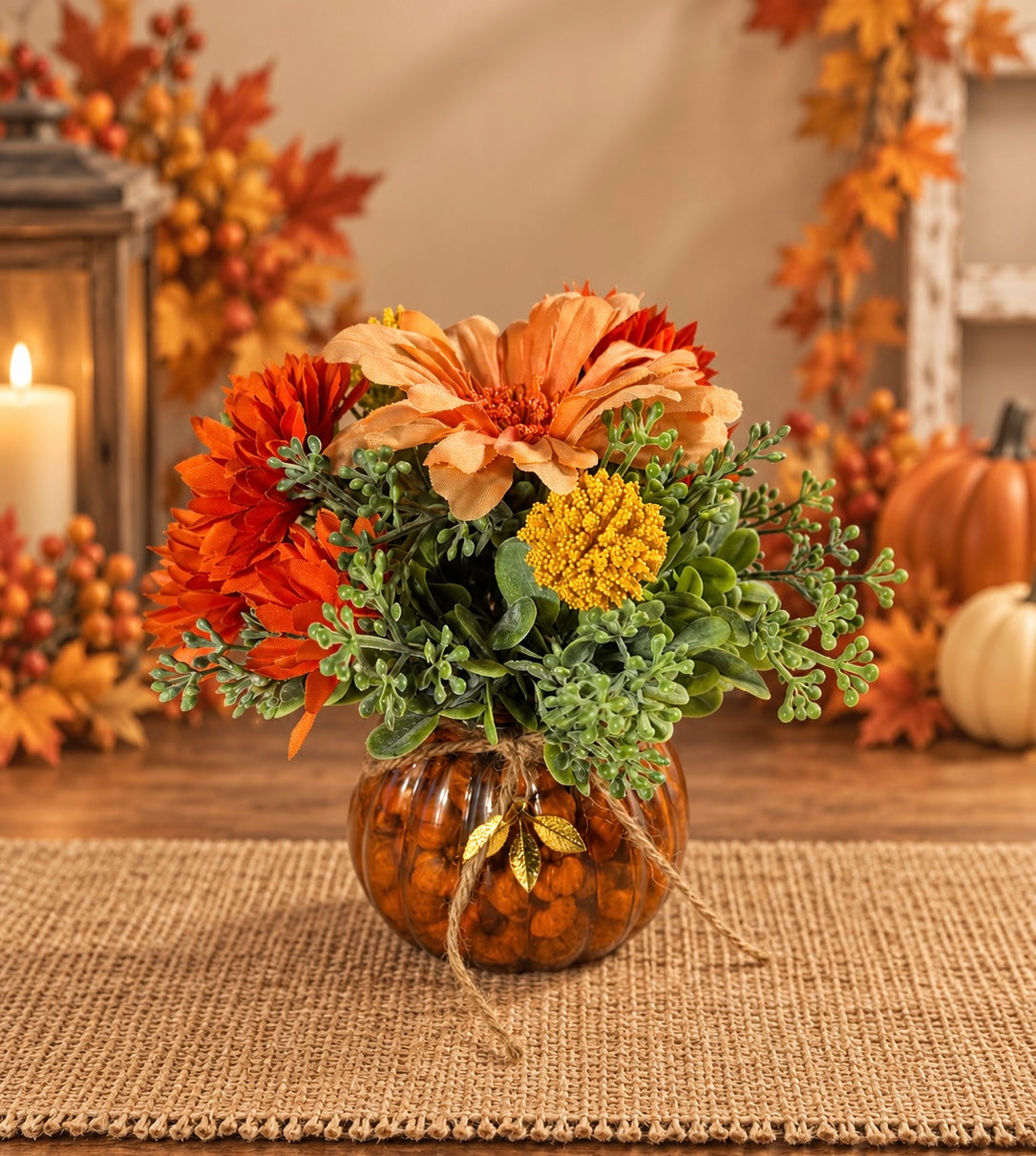 Small Fall Pumpkin Floral Arrangement – Orange & Peach Autumn Flowers