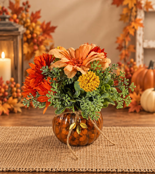 Small Fall Pumpkin Floral Arrangement – Orange & Peach Autumn Flowers