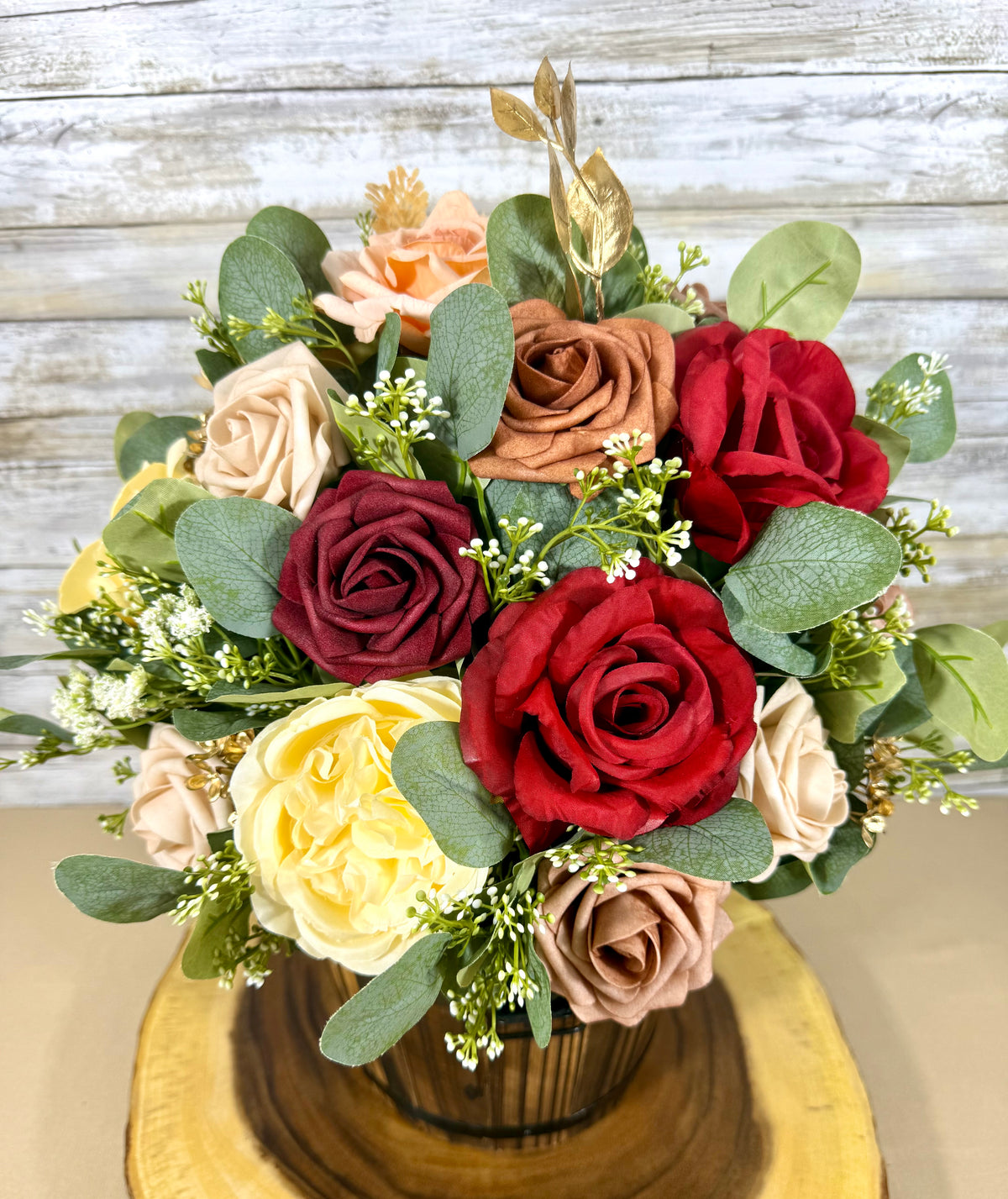 Burgundy & Cream Fall Floral Arrangement in Wooden Barrel