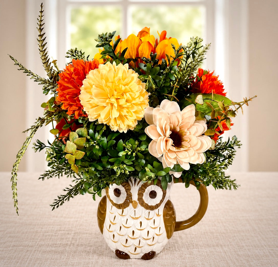 Fall Owl Floral Arrangement – Orange & Cream Artificial Flowers