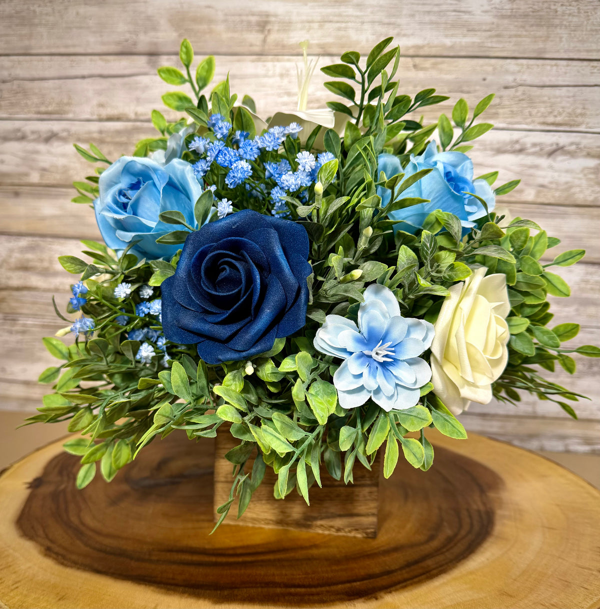 Blue & White Floral Arrangement – Handmade Lily & Rose Decor