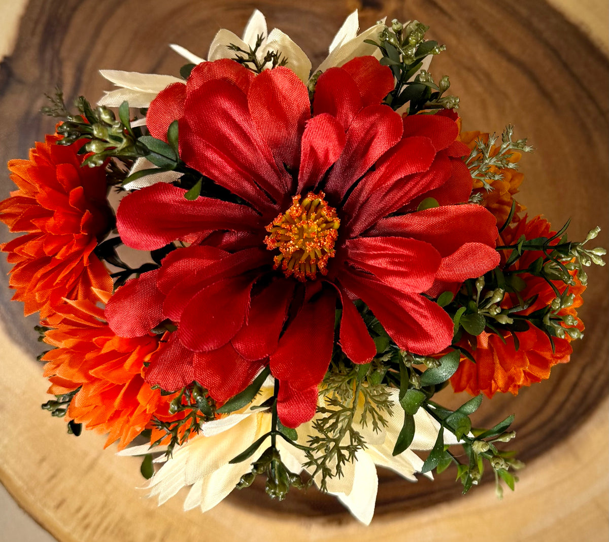Small Fall Floral Arrangement | Red Gerber Daisy & White Sunflowers
