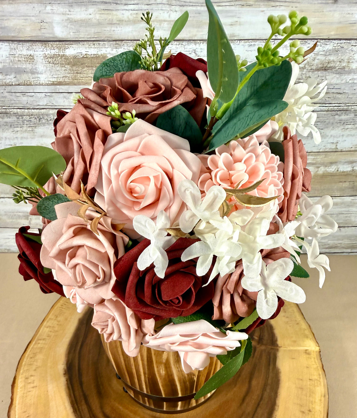 Handmade Floral Arrangement – Blush Pink & Burgundy Roses, Rustic Wooden Barrel