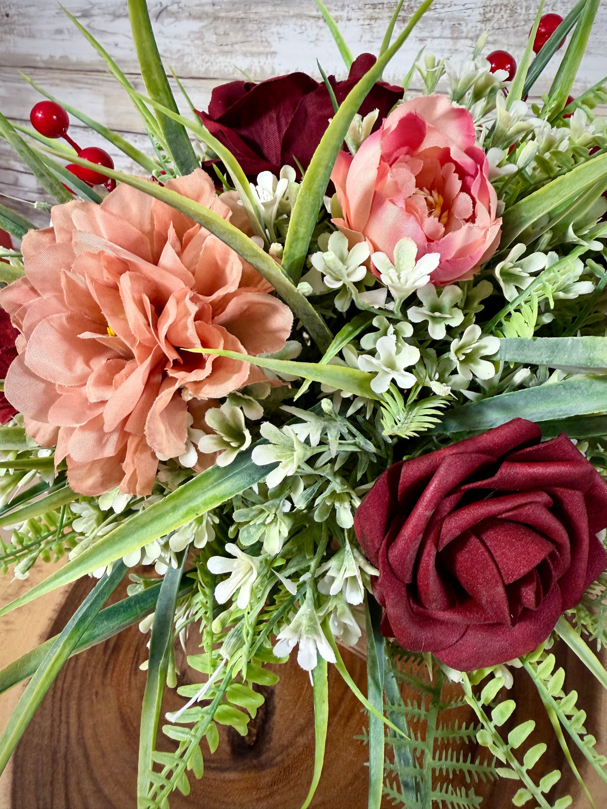 Burgundy & Peach Fall Floral Arrangement | Wooden Container
