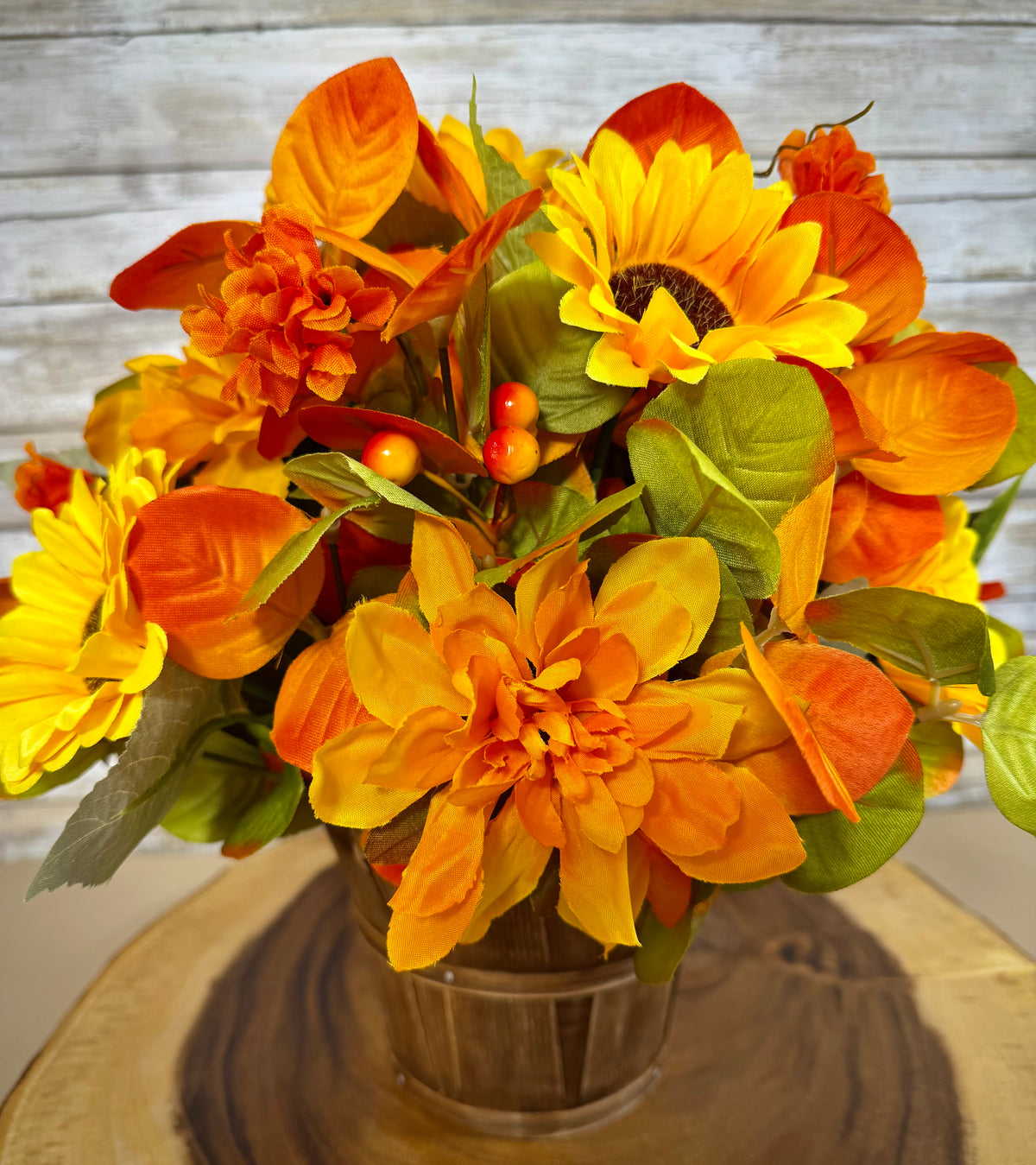 Fall Sunflower Floral Arrangement | Rustic Light Brown Basket