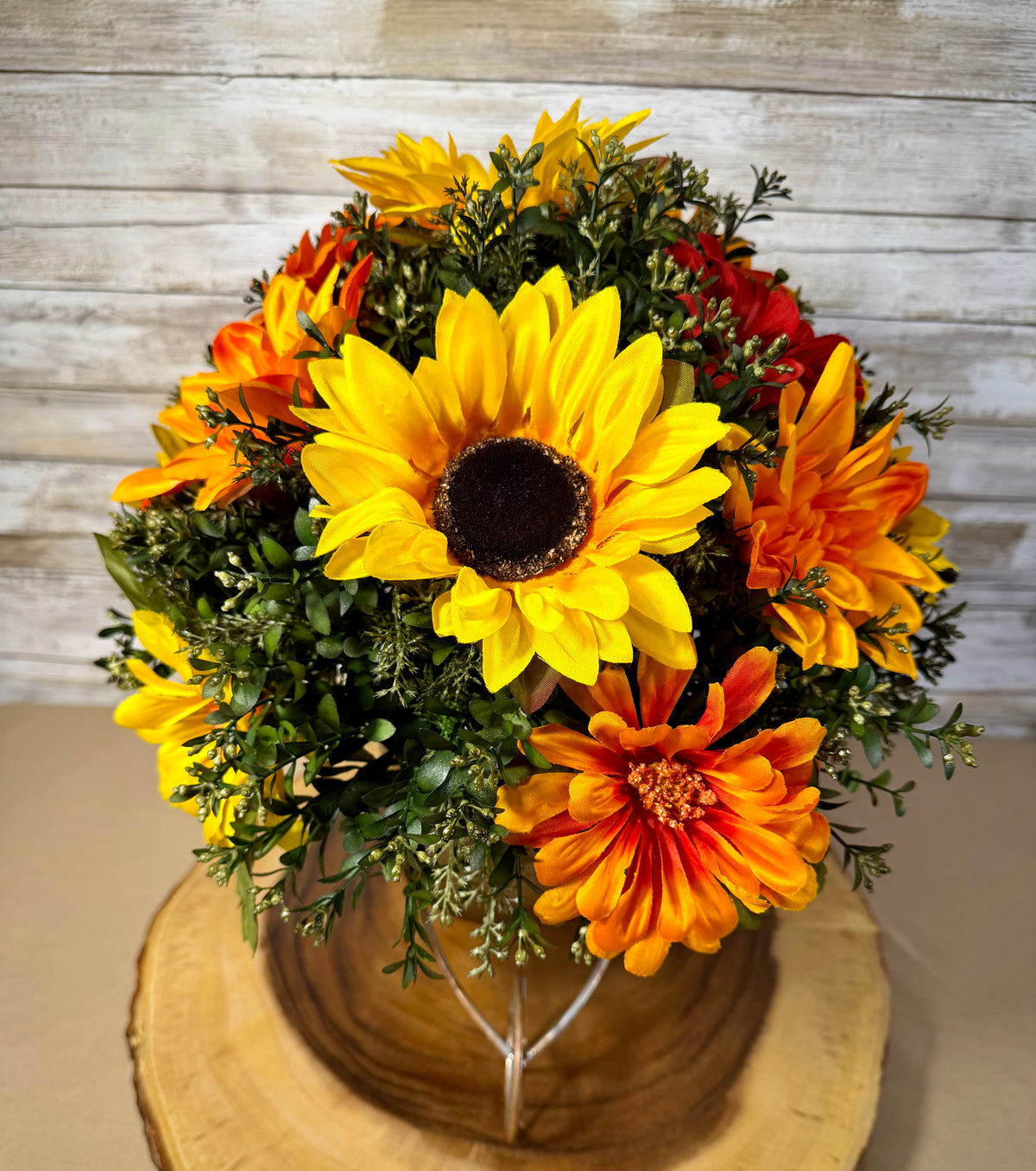 Large Fall Sunflower Arrangement | Orange Flowers & Metal Wheelbarrow