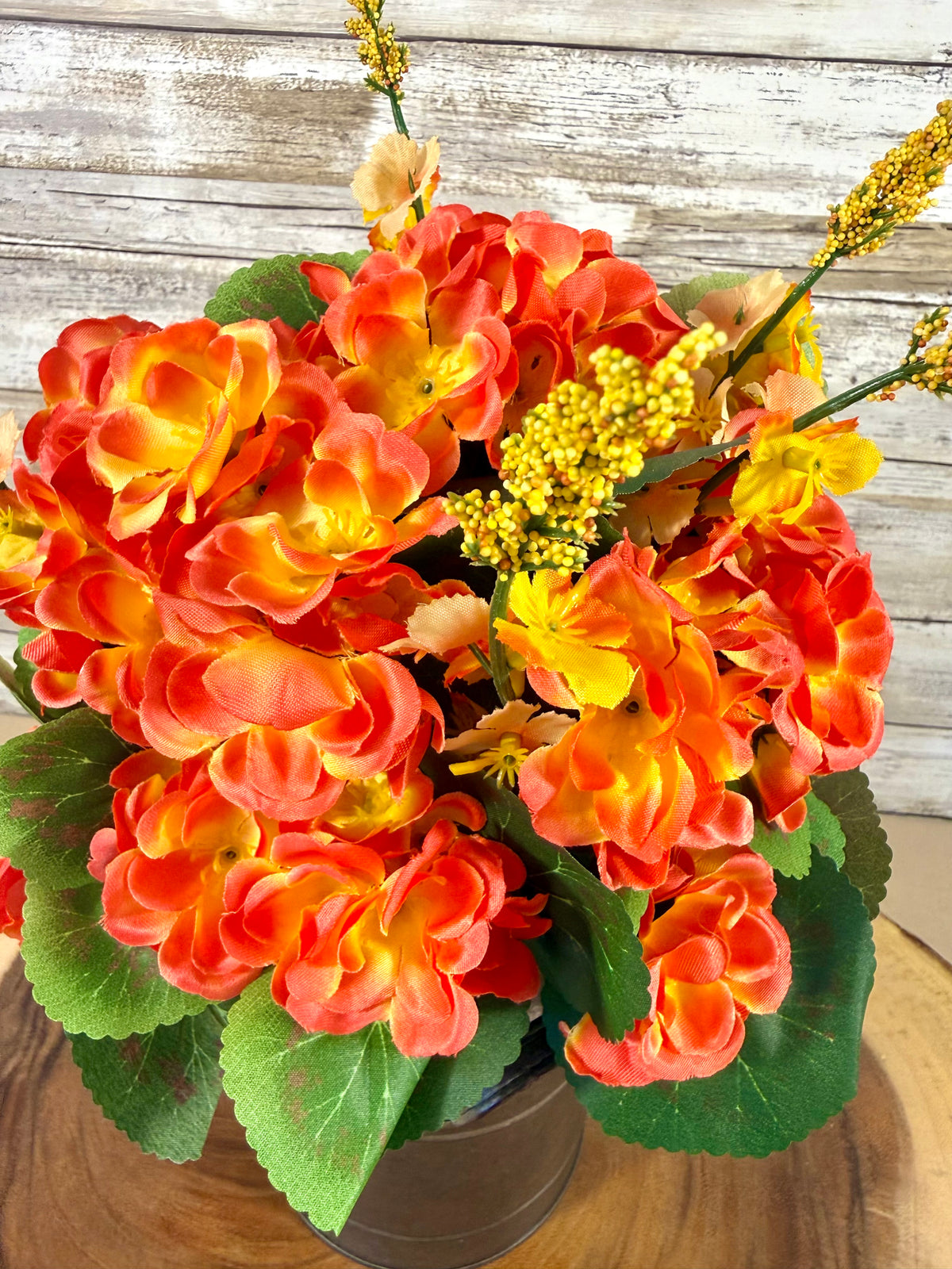 Fall Floral Arrangement, Orange Yellow Faux Flowers, Rustic Metal Bucket, Farmhouse Fall Decor