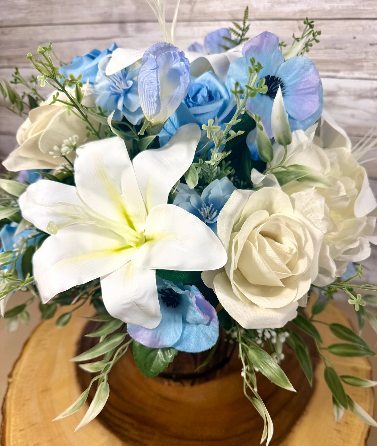 Handmade Floral Arrangement – Blue & White Faux Flowers, Rustic Wooden Barrel