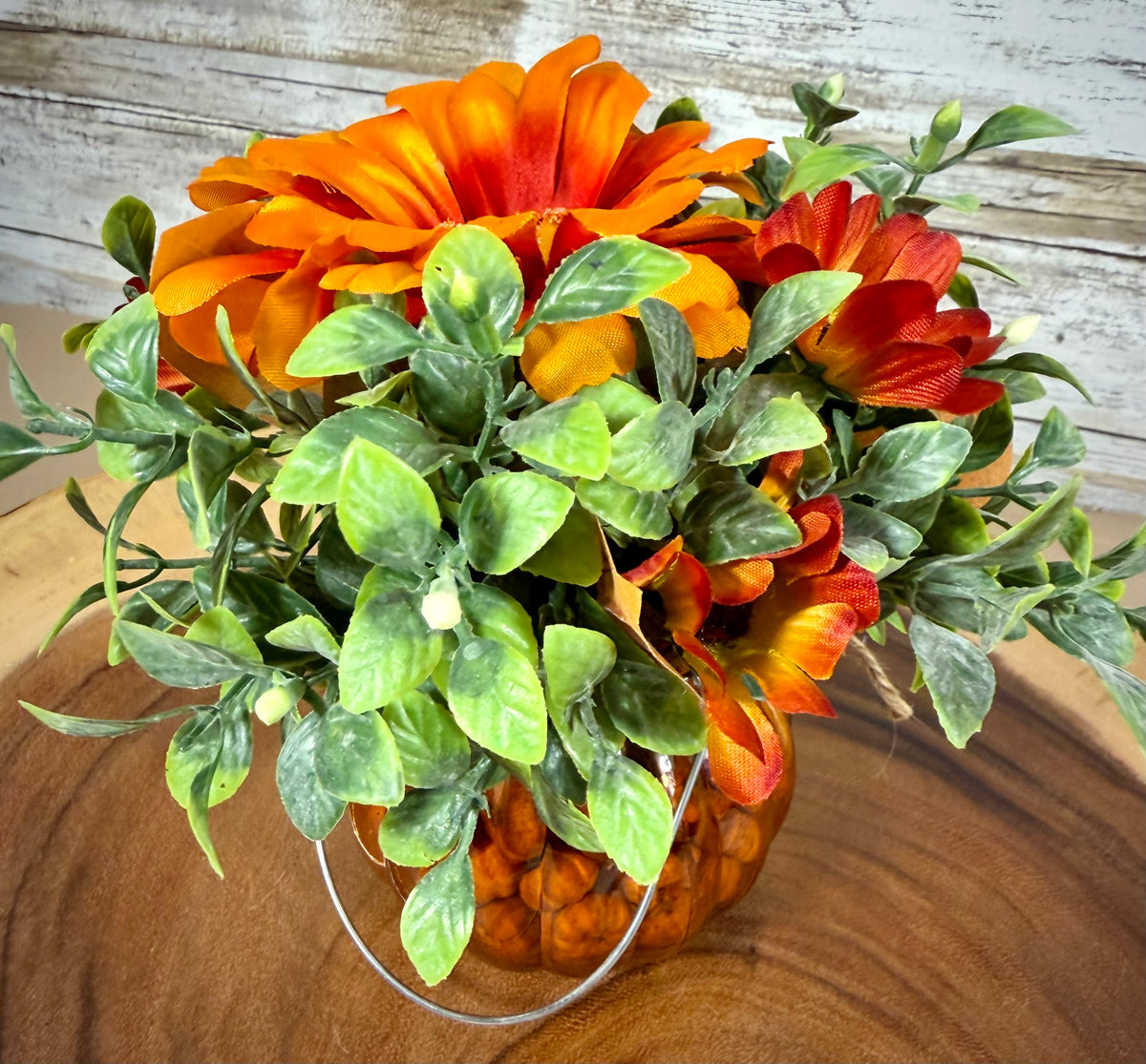 Small Fall Pumpkin Floral Arrangement – Orange & Rust Autumn Flowers