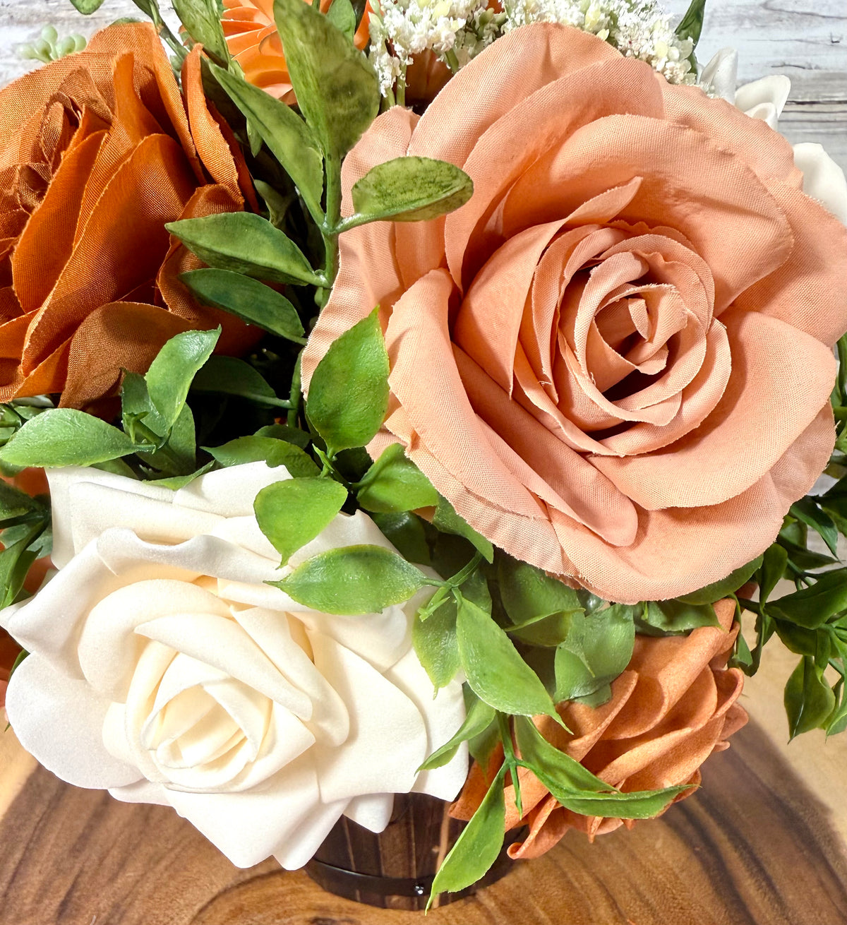 Handmade Floral Arrangement – Cream & Tan Faux Roses, Rustic Wooden Barrel