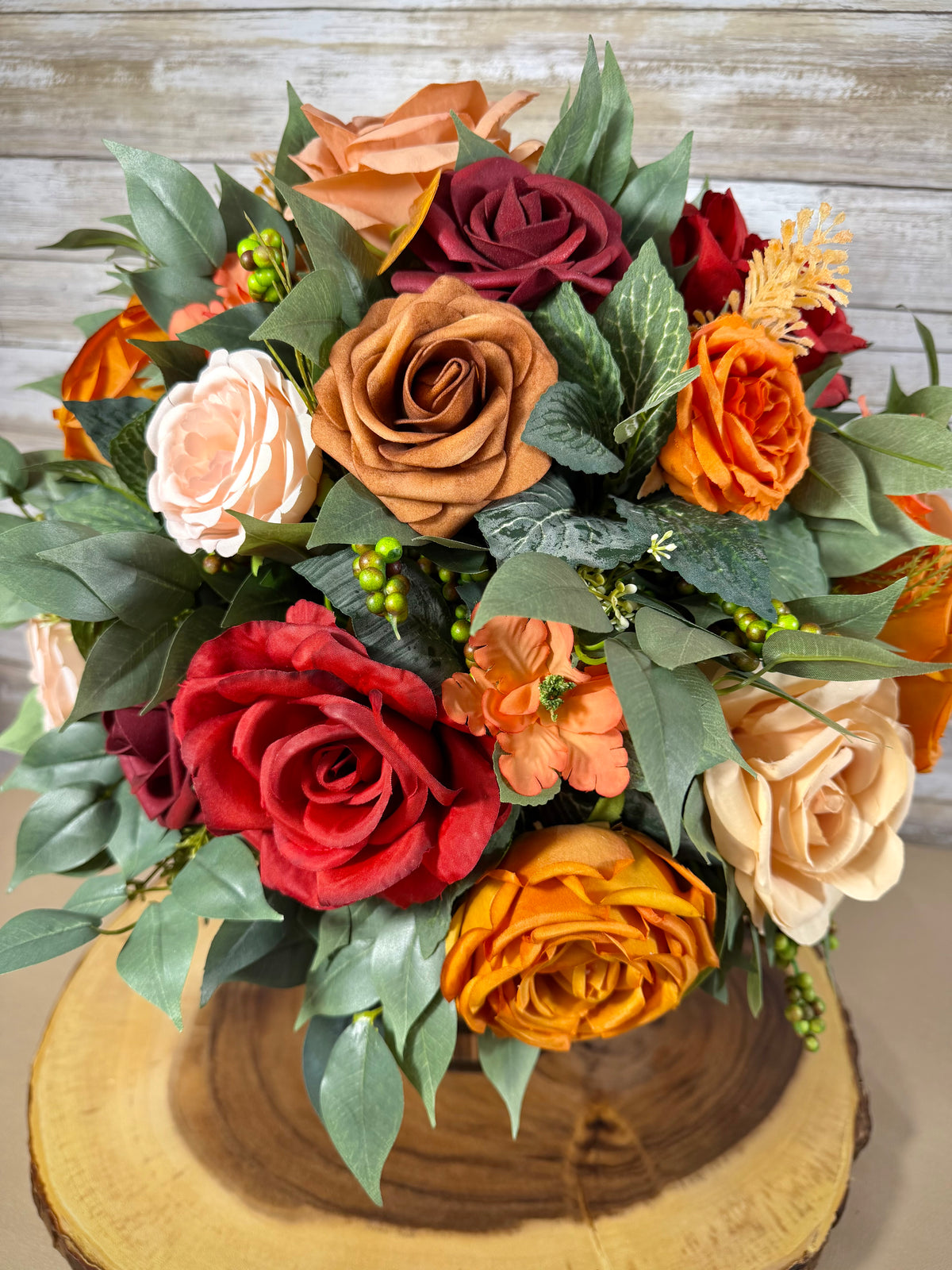 Handmade Floral Arrangement – Red & Orange Roses, Rustic Wooden Barrel