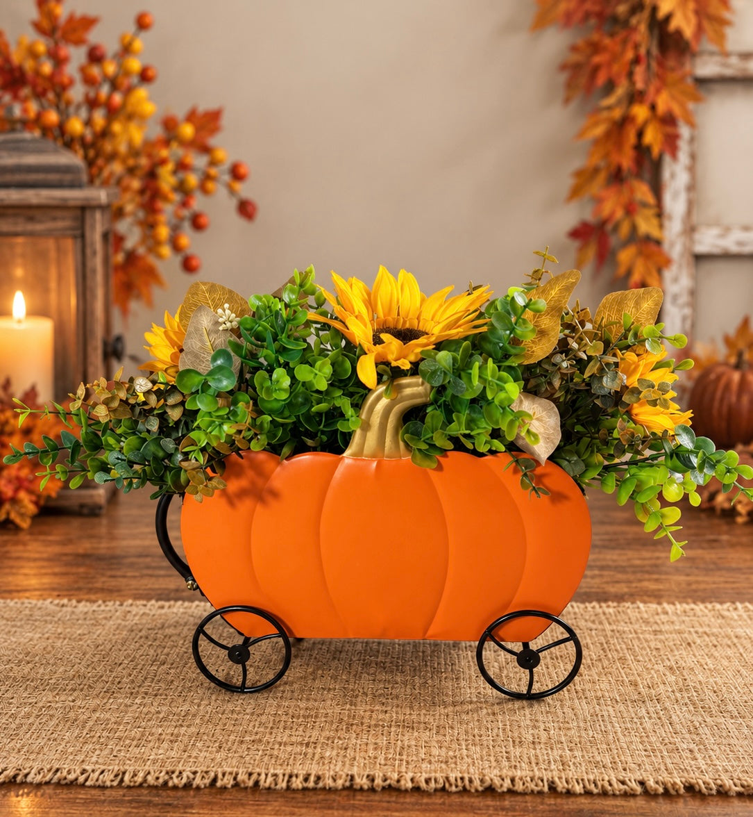 Pumpkin Carriage Fall Floral Arrangement – Yellow Sunflowers & Orange Flowers