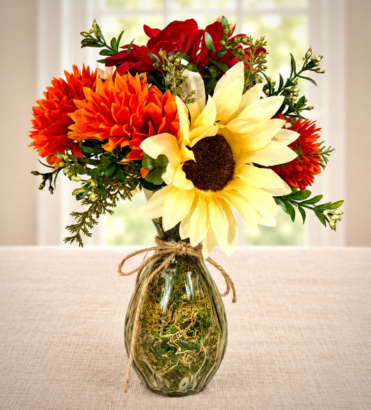 Small Fall Floral Arrangement | Red Gerber Daisy & White Sunflowers