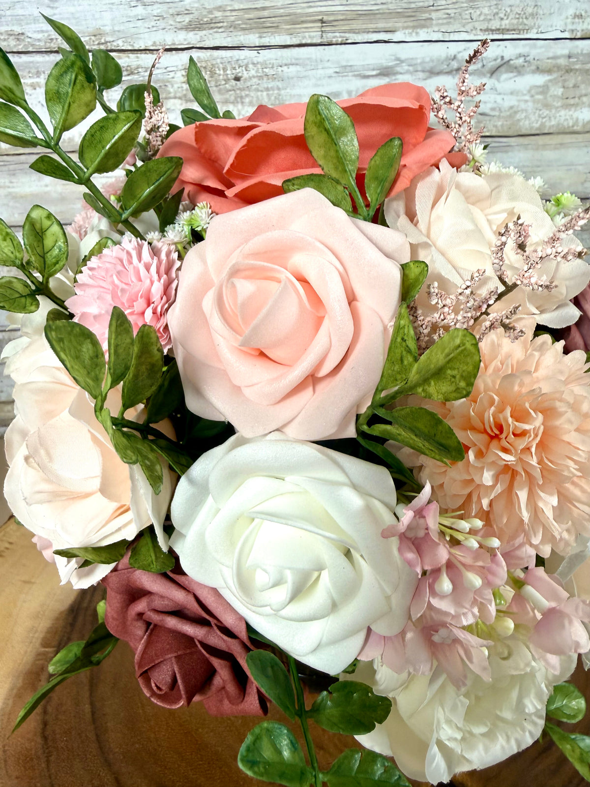 Handmade Floral Arrangement – Blush Pink & Mauve Roses, Wooden Barrel