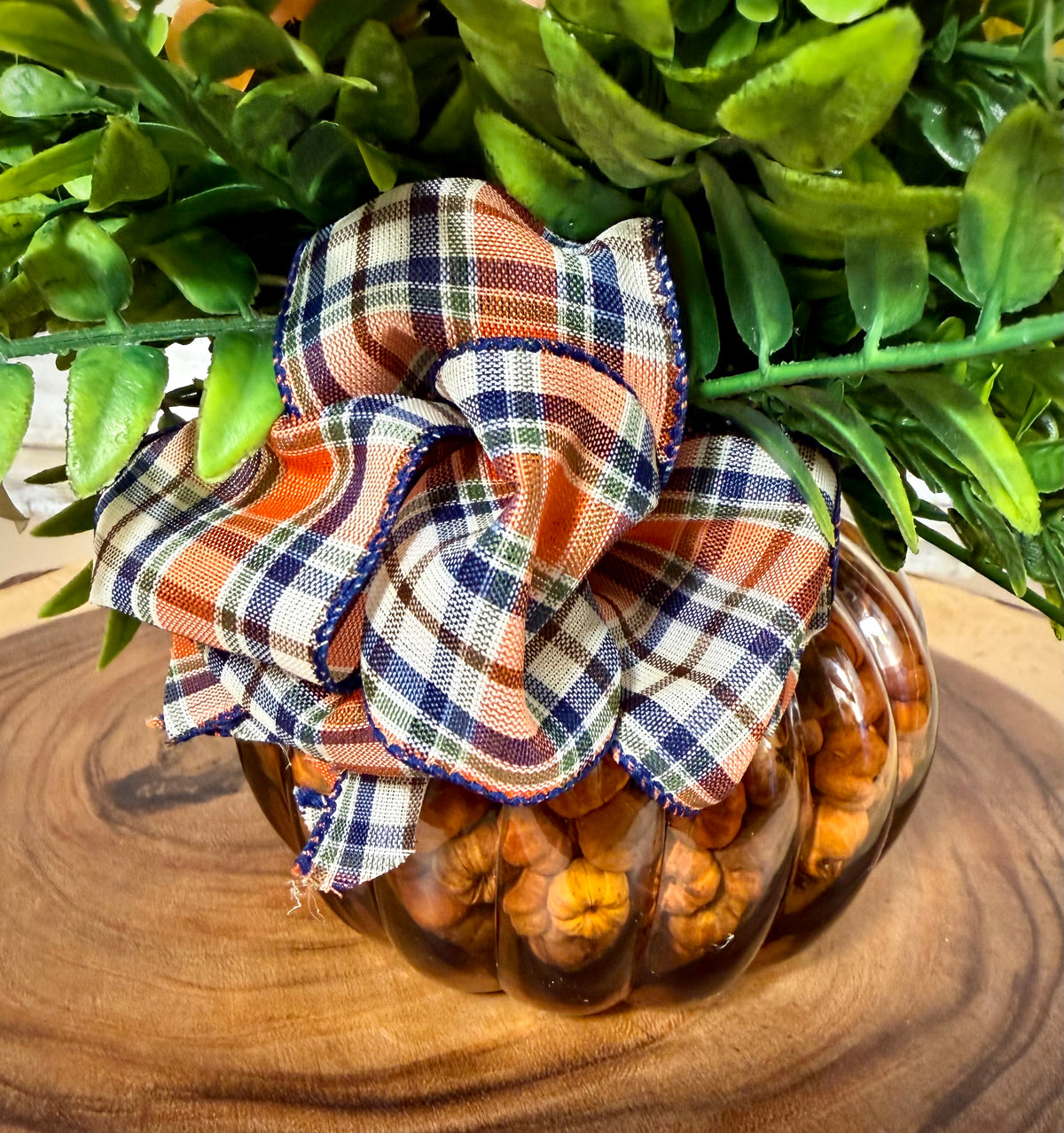 Fall Pumpkin Floral Arrangement – Autumn Flowers & Plaid Bow