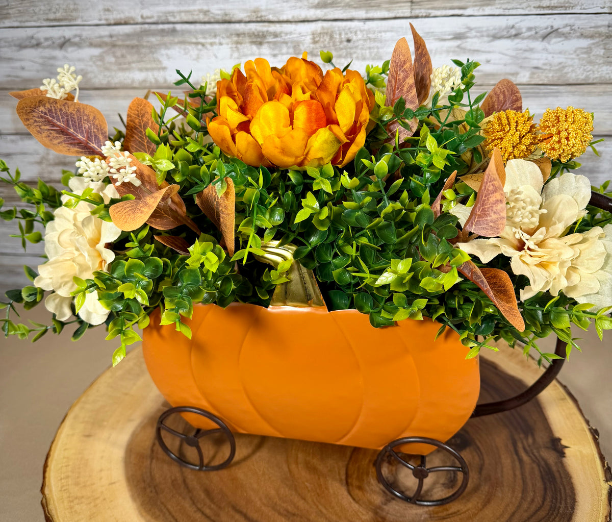 Fall Pumpkin Carriage Floral Arrangement – Autumn Flowers & Farmhouse Decor