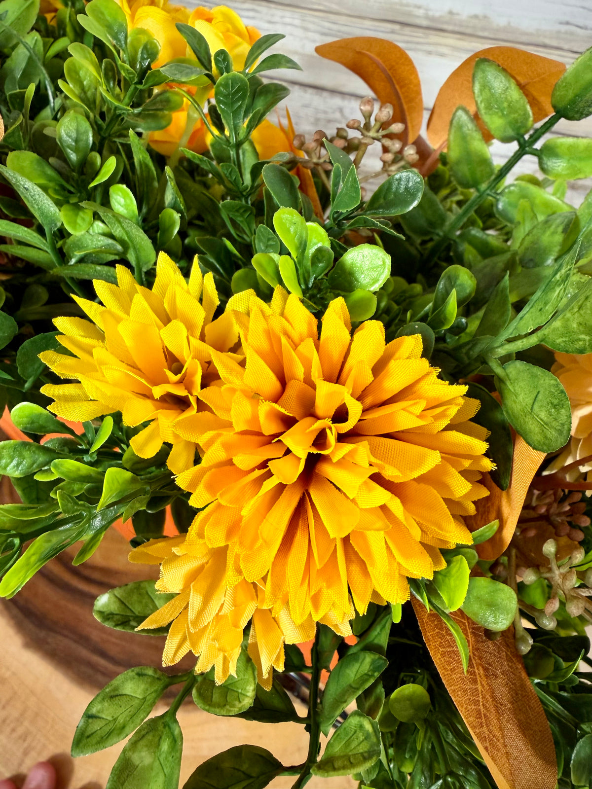 Pumpkin Carriage Fall Floral Arrangement – Orange Artificial Flowers & Greenery