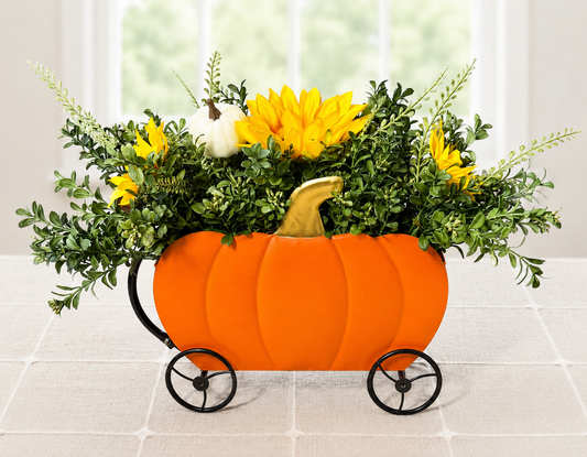 Fall Pumpkin Wagon Floral Arrangement | Sunflowers & Orange Flowers