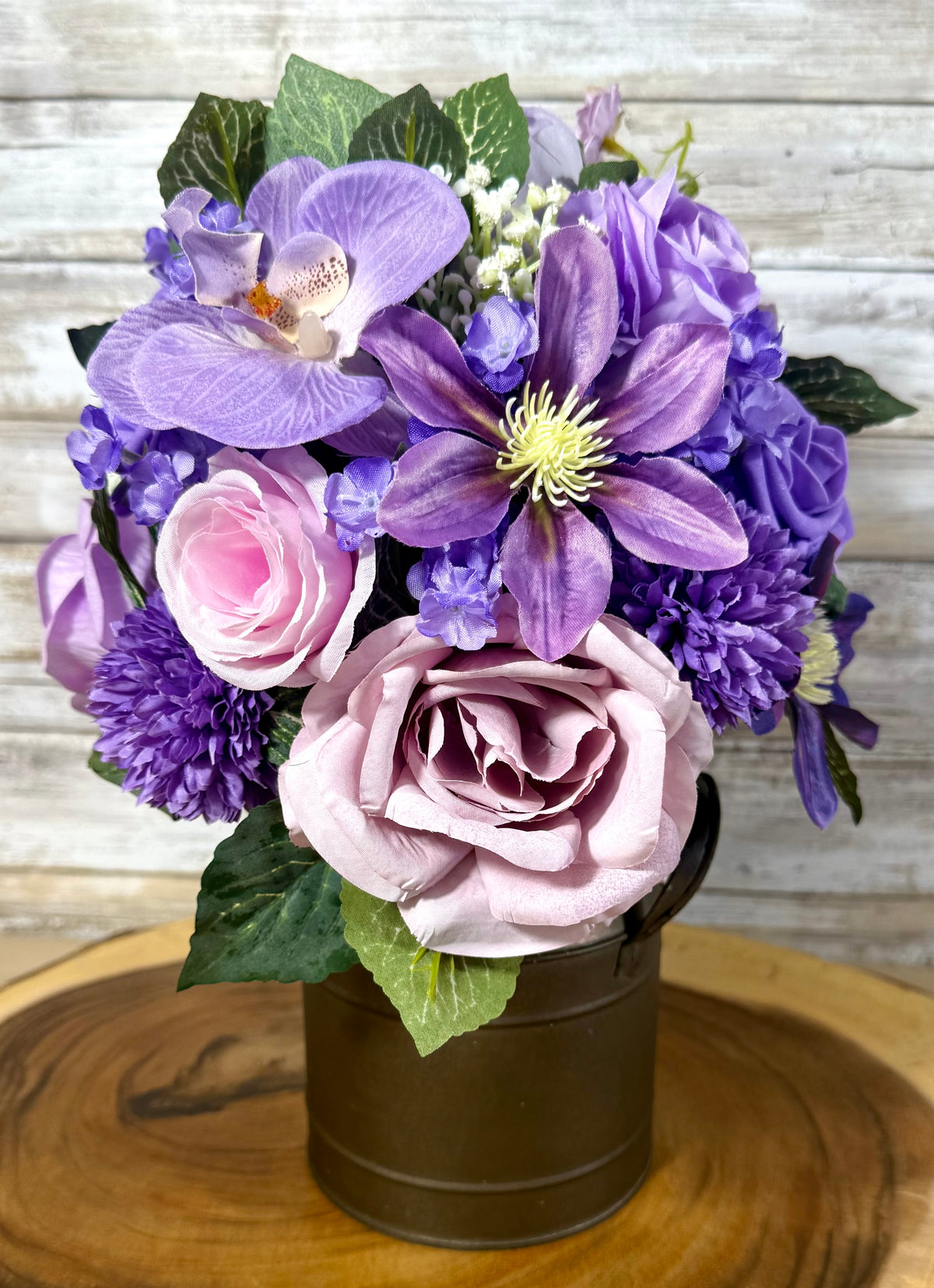 Lavender Purple Floral Arrangement in Black Metal Container