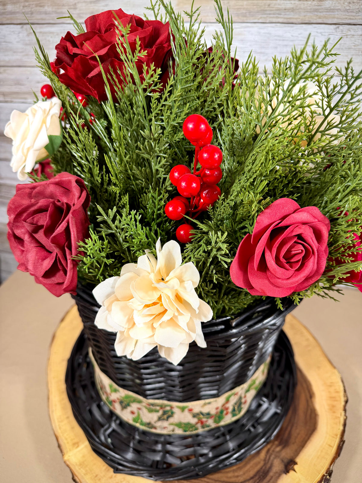 Christmas Rose Floral Arrangement | Red & White Holiday Centerpiece
