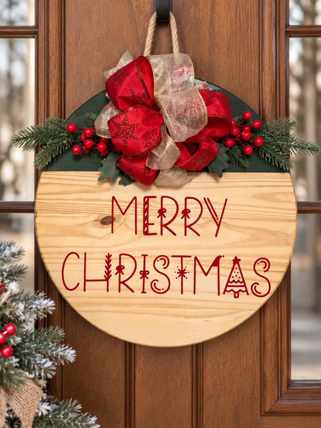 Merry Christmas Door Sign | Rustic Christmas Wood Door Hanger | Farmhouse Holiday Decor