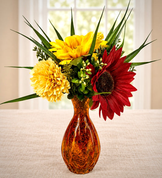 Fall Floral Arrangement | Yellow Gerbera Daisy & Orange Glass Vase
