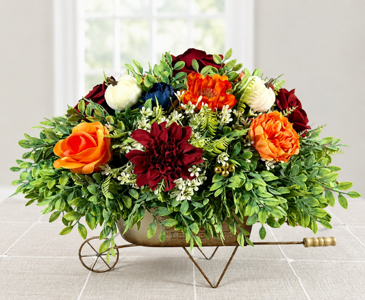 Large Fall Floral Arrangement | Orange Roses & Burgundy Dahlia Wheelbarrow