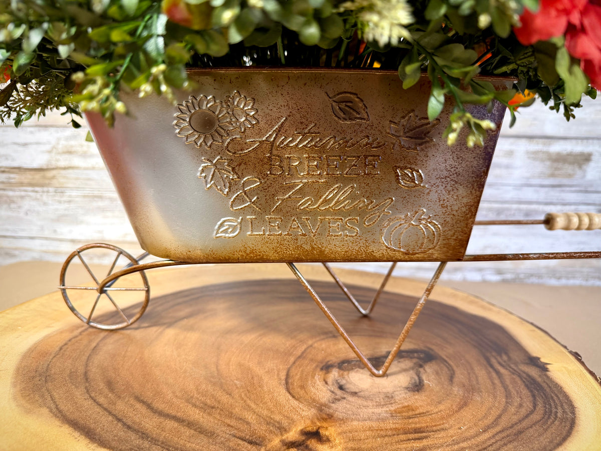 Large Fall Sunflower Arrangement | Orange Flowers & Metal Wheelbarrow