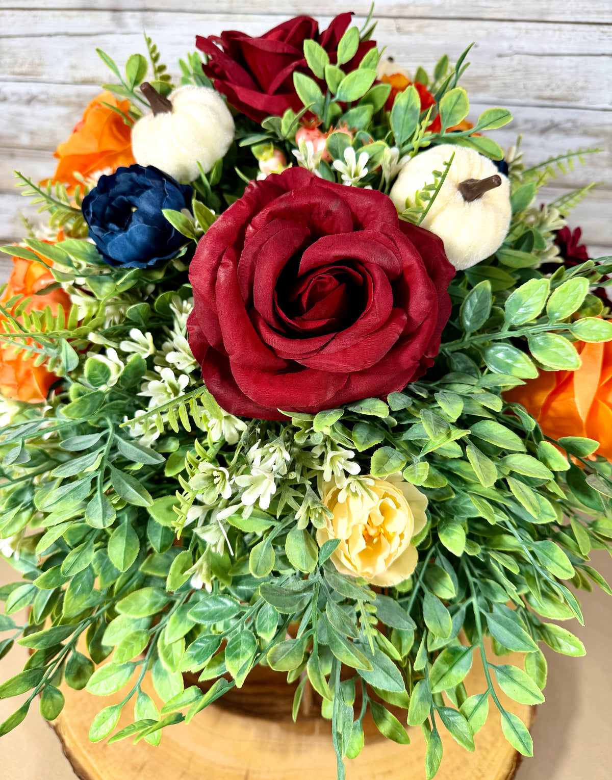 Large Fall Floral Arrangement | Orange Roses & Burgundy Dahlia Wheelbarrow