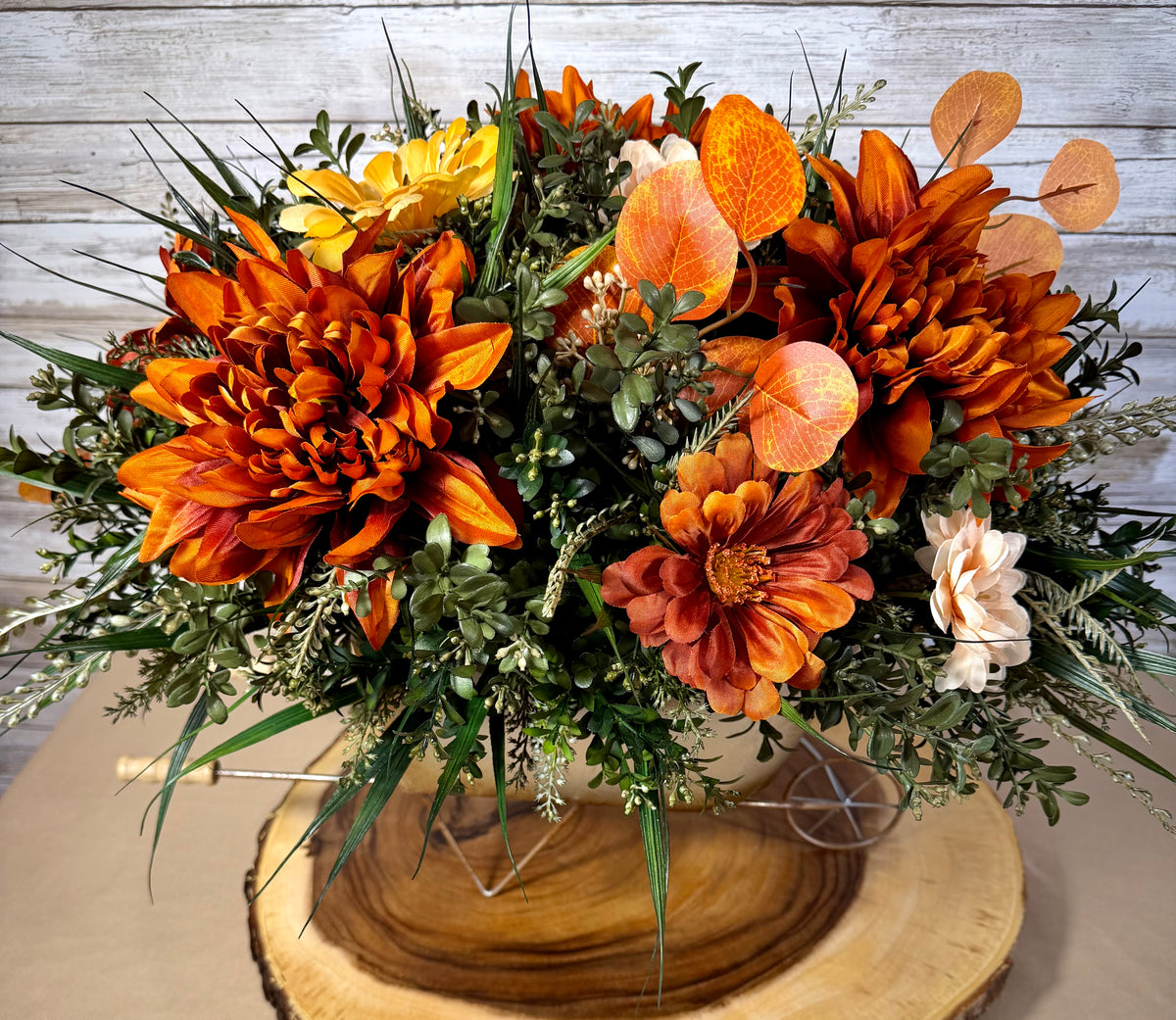 Fall Chrysanthemum Arrangement | Orange & Yellow Wheelbarrow