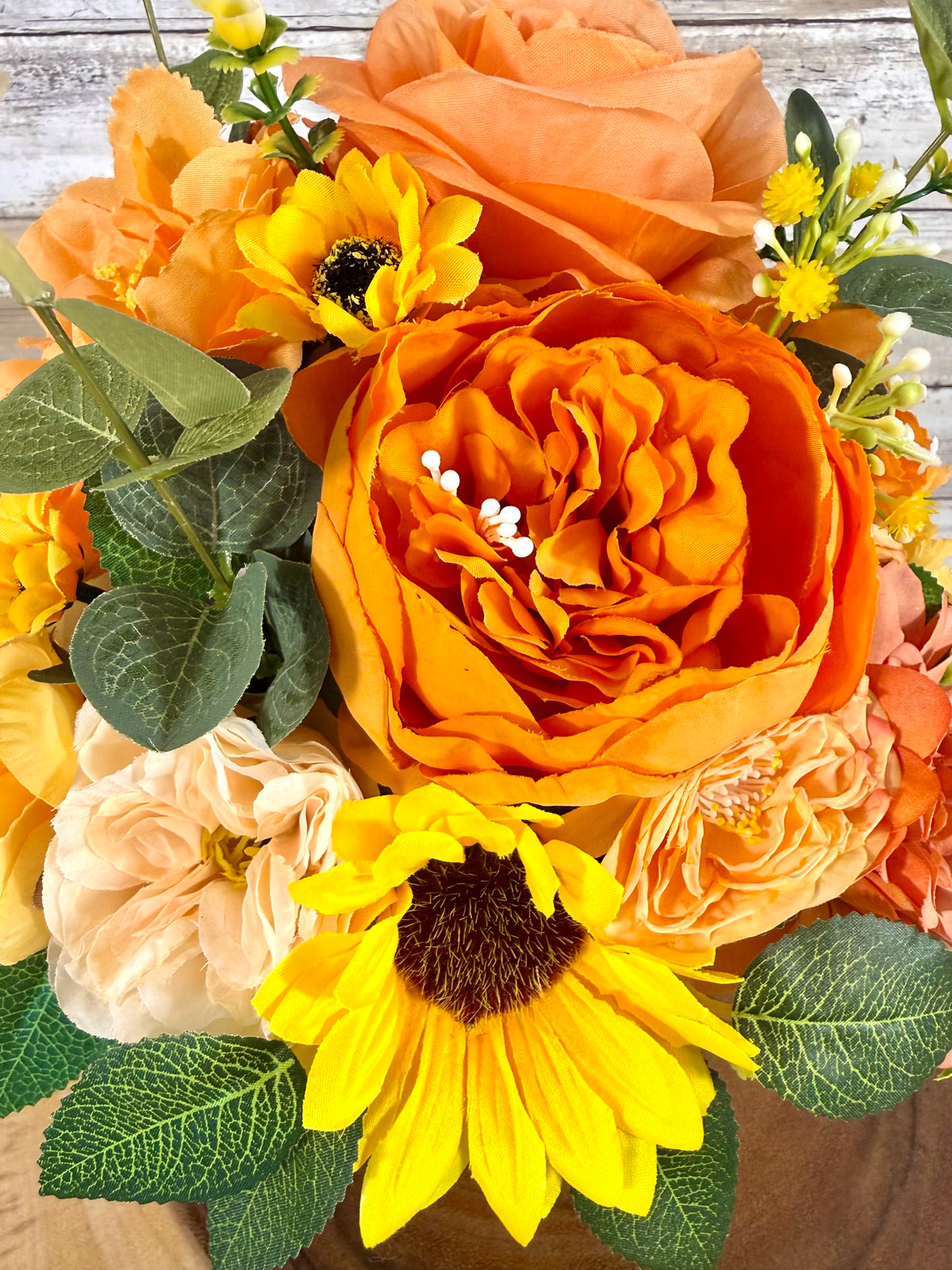 Handmade Floral Arrangement – Orange & Yellow Flowers, Rustic Wooden Barrel