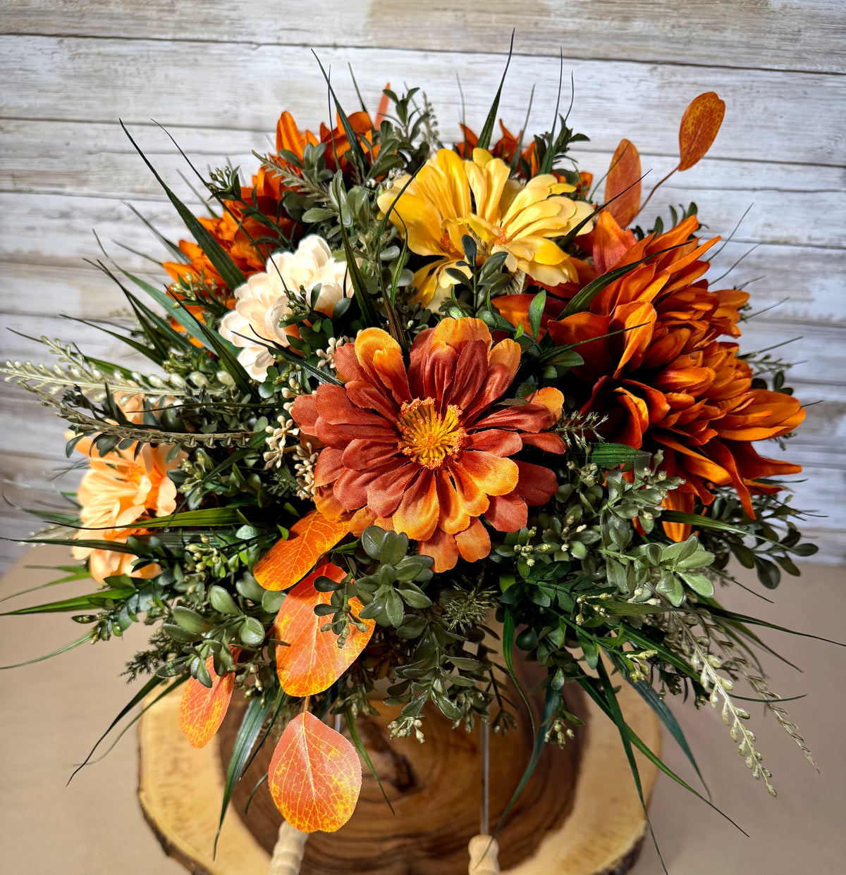 Fall Chrysanthemum Arrangement | Orange & Yellow Wheelbarrow