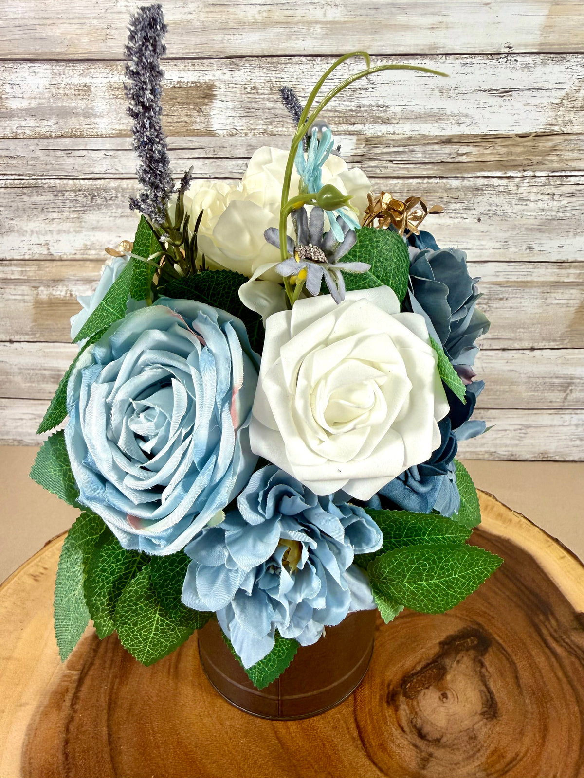 Blue & White Floral Arrangement in Rust Metal Container