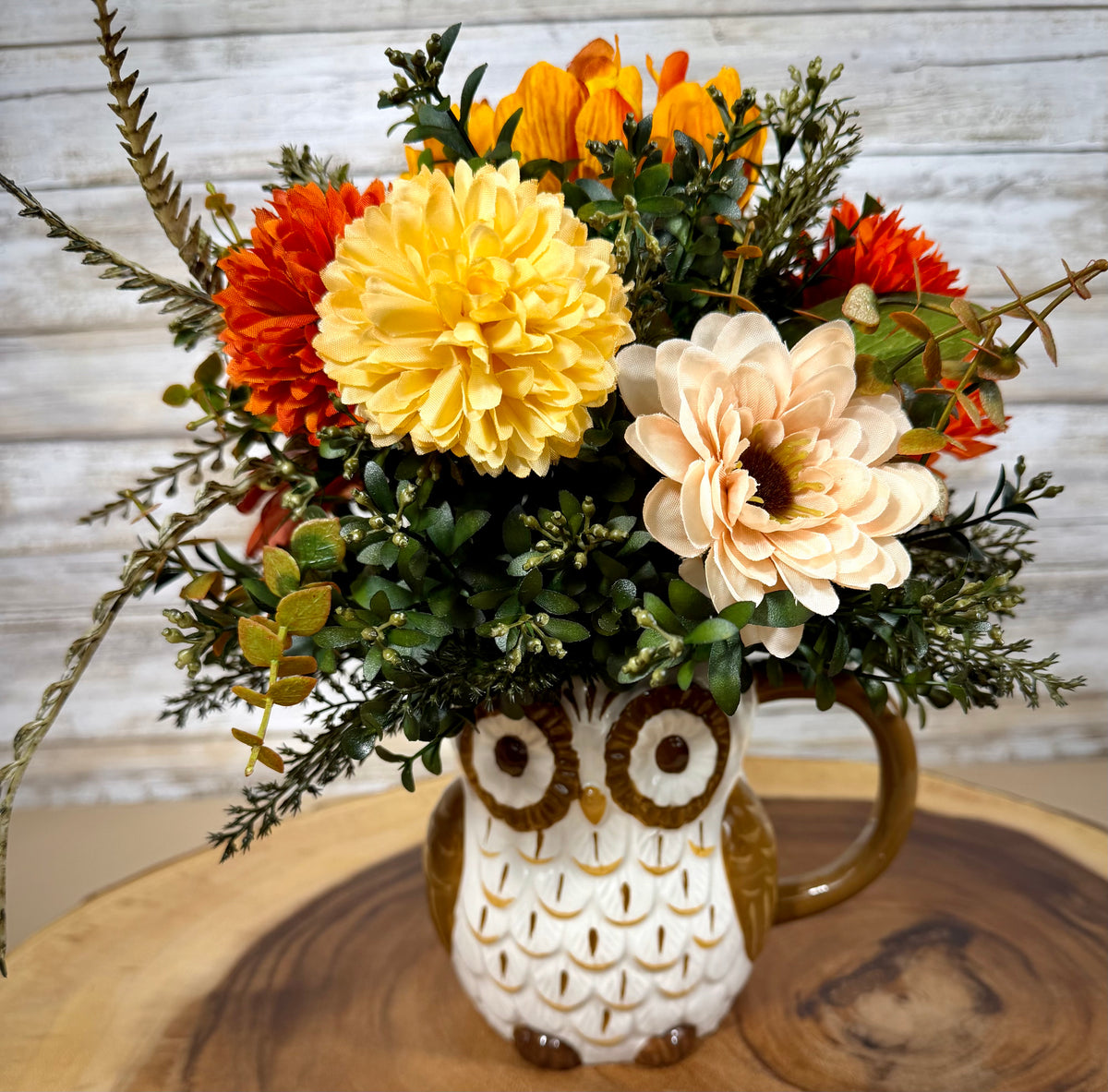 Fall Owl Floral Arrangement – Orange & Cream Artificial Flowers
