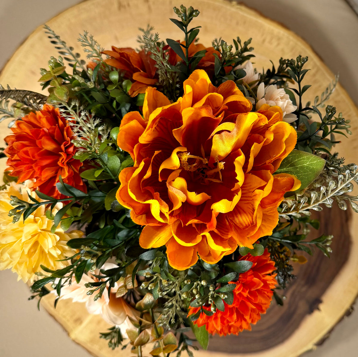 Fall Owl Floral Arrangement – Orange & Cream Artificial Flowers