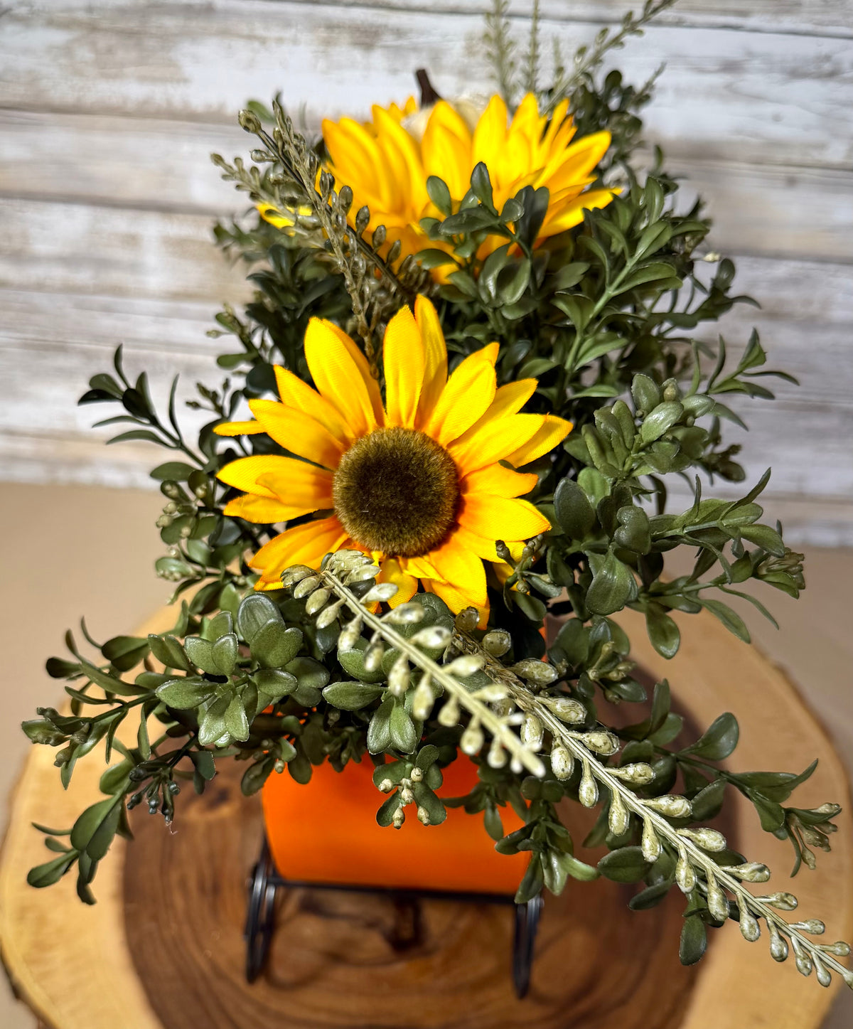 Fall Pumpkin Wagon Floral Arrangement | Sunflowers & Orange Flowers