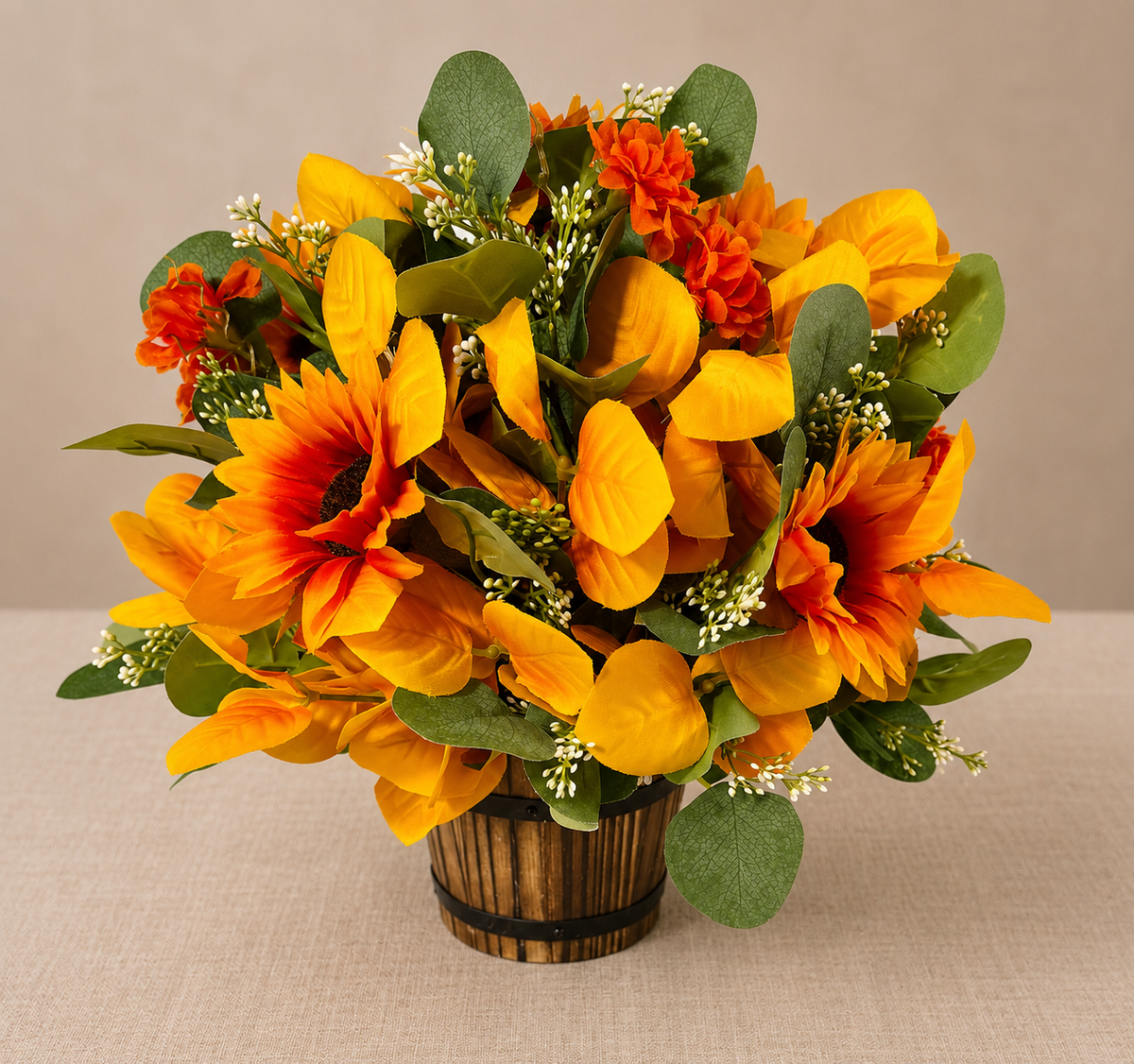 Fall Floral Arrangement | Rustic Mini Barrel with Sunflowers