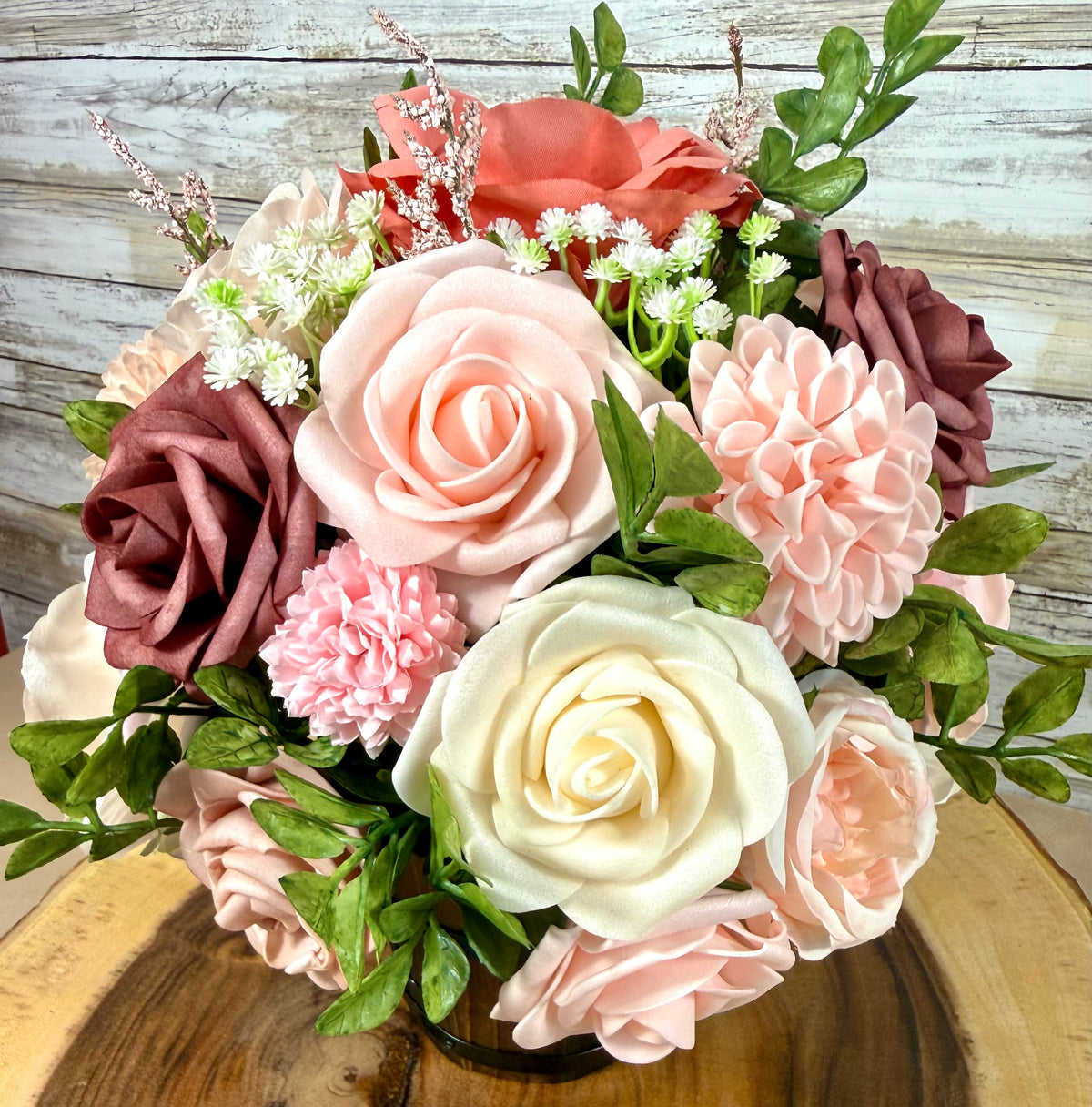 Handmade Floral Arrangement – Blush Pink & Mauve Roses, Wooden Barrel