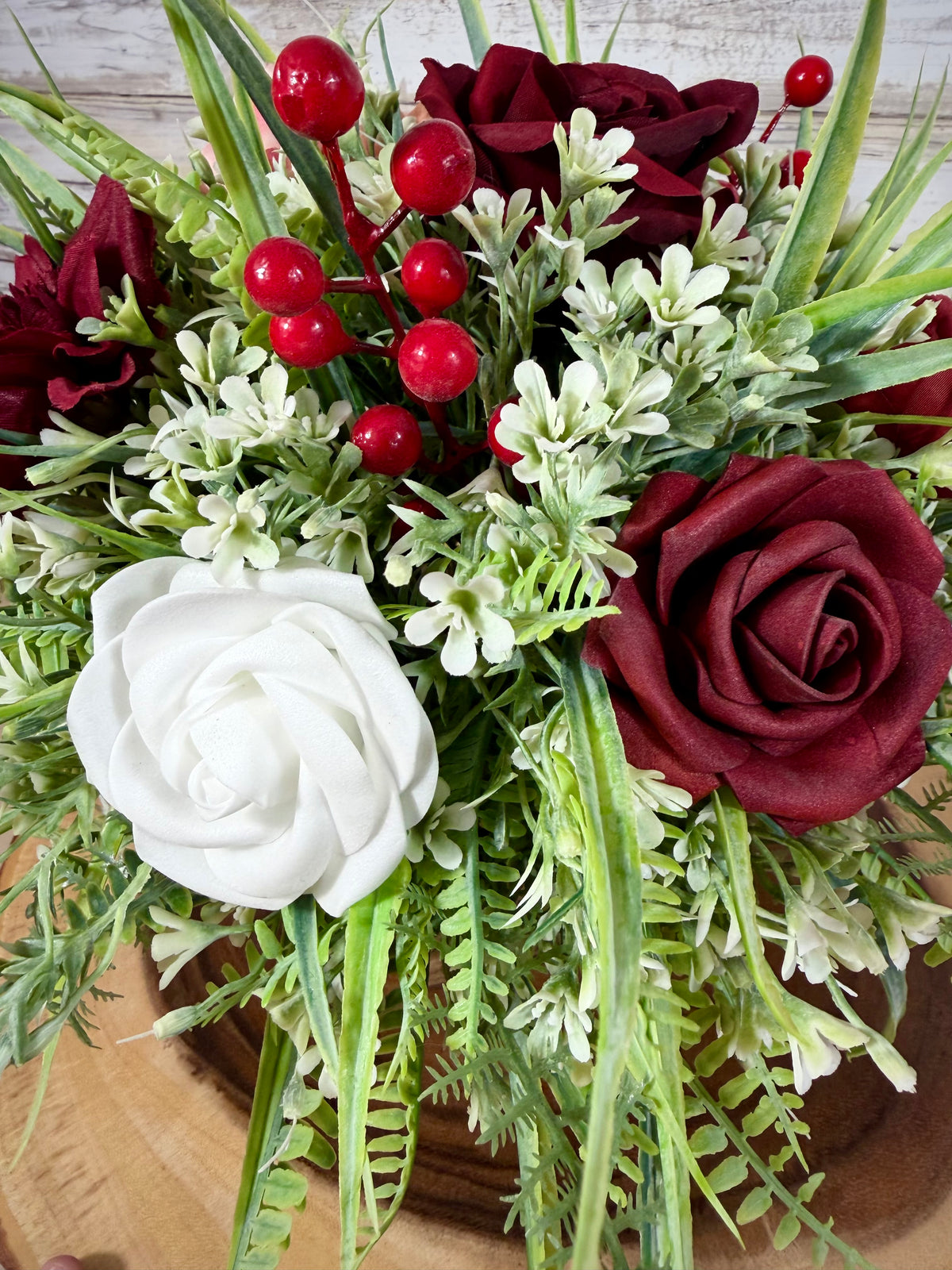Burgundy & Peach Fall Floral Arrangement | Wooden Container