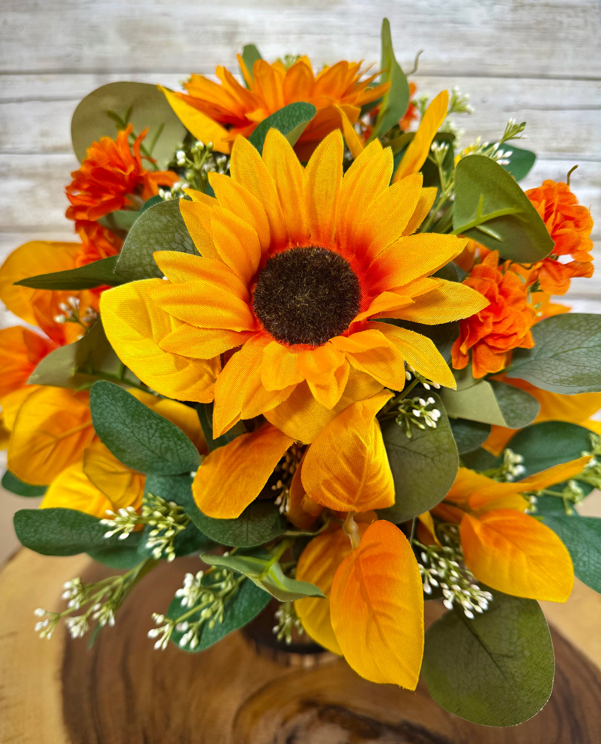 Fall Floral Arrangement | Rustic Mini Barrel with Sunflowers