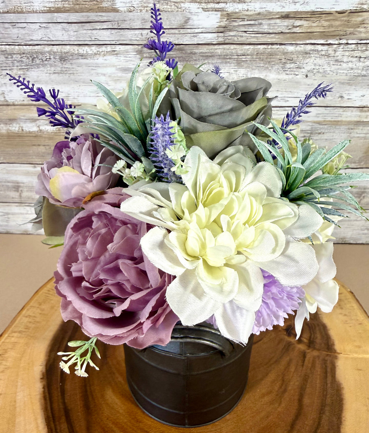 Handmade Floral Arrangement – Lavender, White & Green Flowers, Galvanized Milk Can