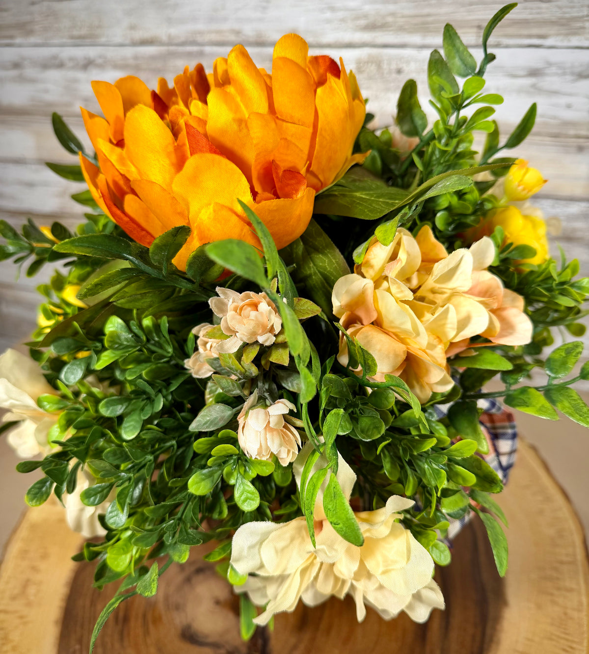 Fall Pumpkin Floral Arrangement – Autumn Flowers & Plaid Bow